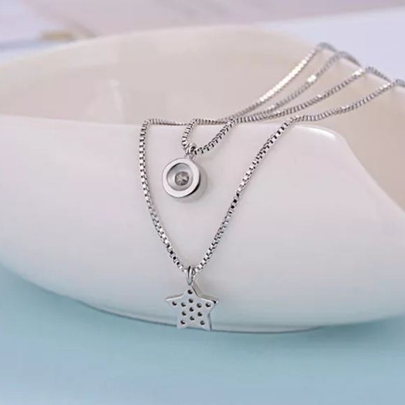 Two Layered Silver Moon Star Necklace - Picture 4 of 4